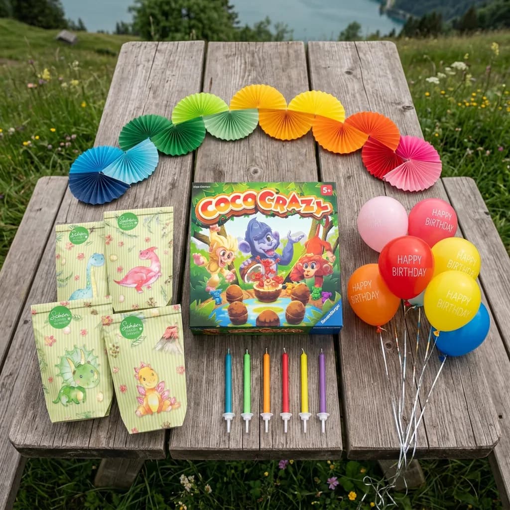 Kindergeburtstag-Party: Kinderspiel, Dino-Geschenktüten, bunte Kerzen, Regenbogen-Girlande und Happy-Birthday-Luftballons auf Holztisch.