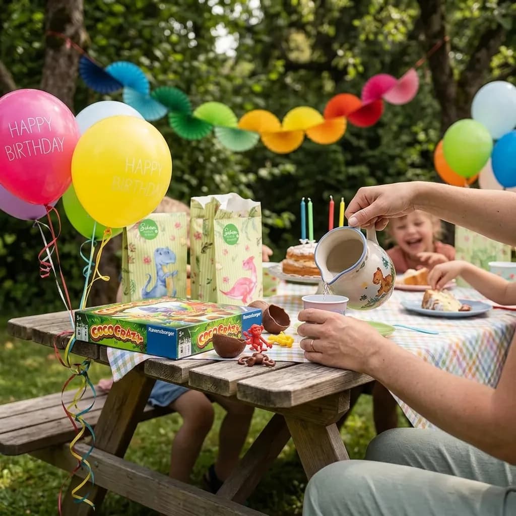 Kindergeburtstag-Party: Holztisch im Garten mit Kinderspiel, Dino-Geschenktüten, bunten Luftballons, Regenbogen-Girlande und Kerzen auf Torte.
