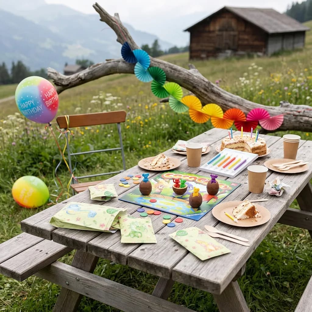 Kindergeburtstag-Party: Picknicktisch mit Kinderspiel, Dino-Geschenktüten, bunten Kerzen, Luftballons, Regenbogen-Girlande an Ast, Kuchen, Alpenwiese.