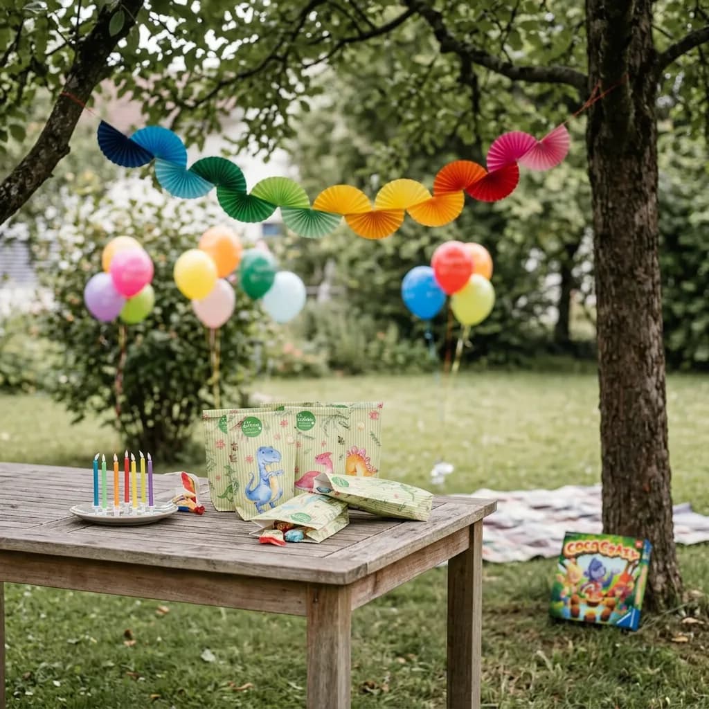 Kindergeburtstag-Party: Holztisch im Garten mit bunten Kerzen, Dino-Geschenktüten, Luftballons, Regenbogen-Girlande und Kinderspiel.