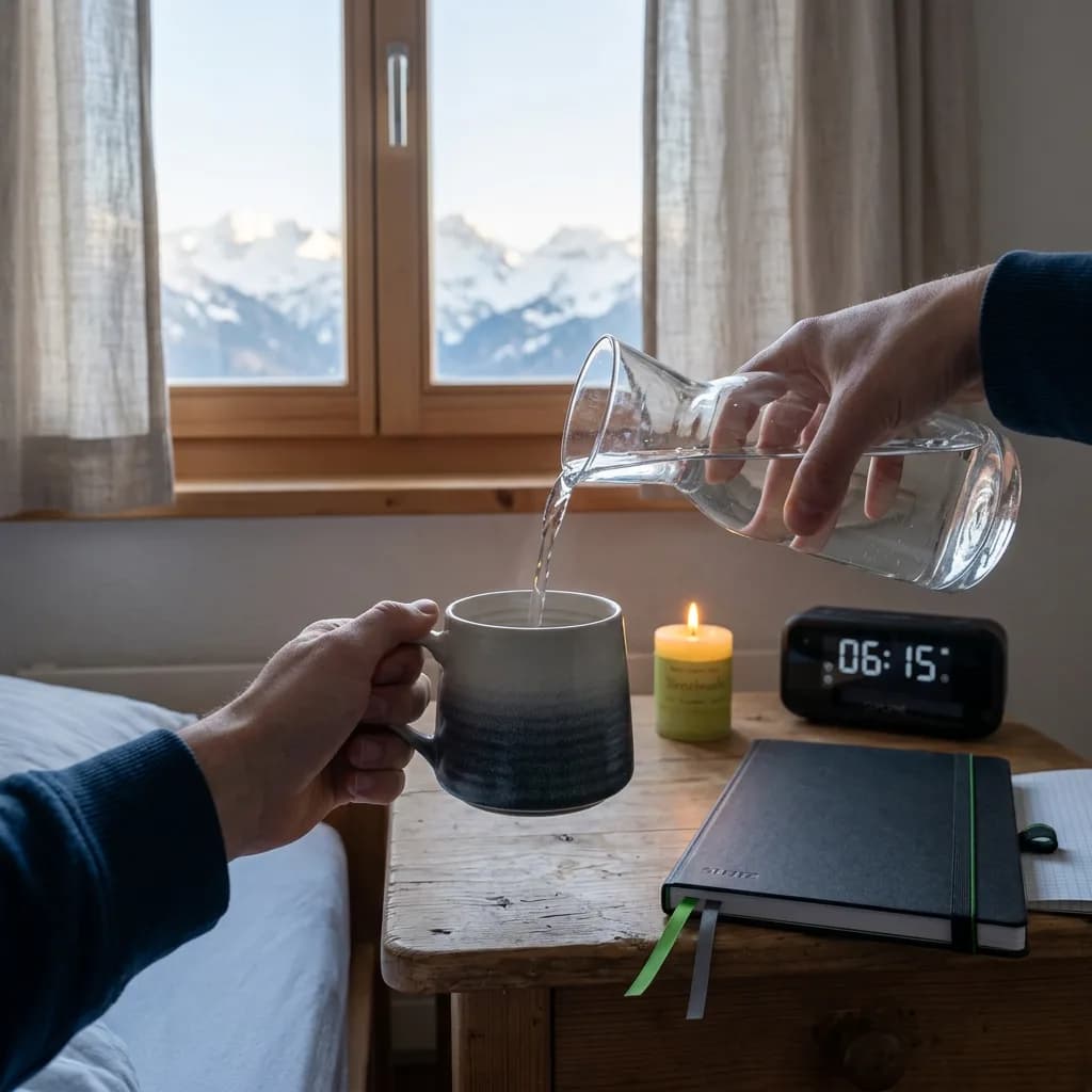 Morgenroutine ohne Handy: Hände giessen Wasser aus Karaffe in Keramiktasse, daneben Duftkerze, Wecker (06:15) und schwarzes Notizbuch, Bergpanorama im Hintergr…