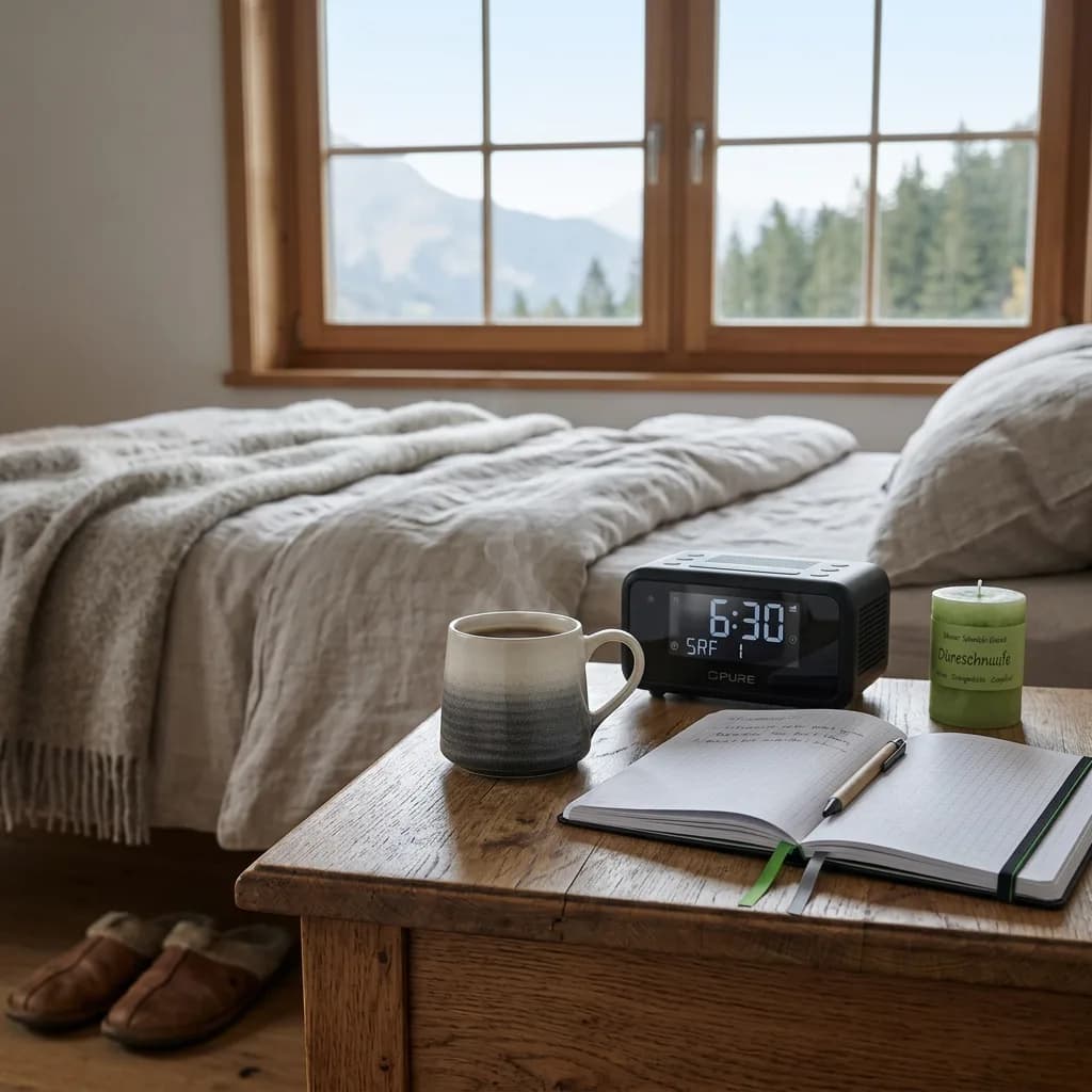 Morgenroutine ohne Handy: Holztisch mit Kaffeebecher, Radiowecker (6:30), offenem Notizbuch und grüner Duftkerze, dahinter Bett und Bergblick.