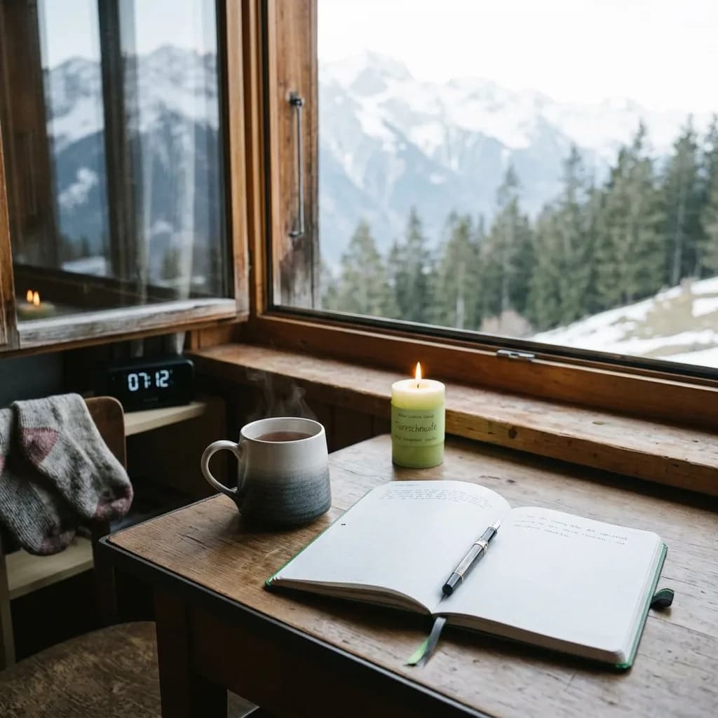 Morgenroutine ohne Handy: Holztisch am Fenster mit Bergblick, Kaffeebecher, offenem Notizbuch, Stift, grüner Duftkerze und Wecker.