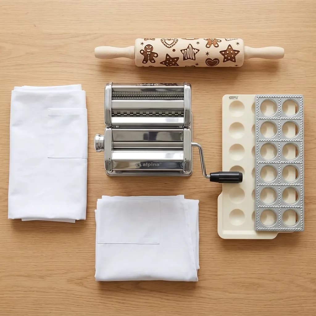 Pasta selber machen: Pastamaschine, Ravioliformer, Nudelholz mit Lebkuchenmuster und zwei weisse Kochschürzen auf Holzuntergrund.