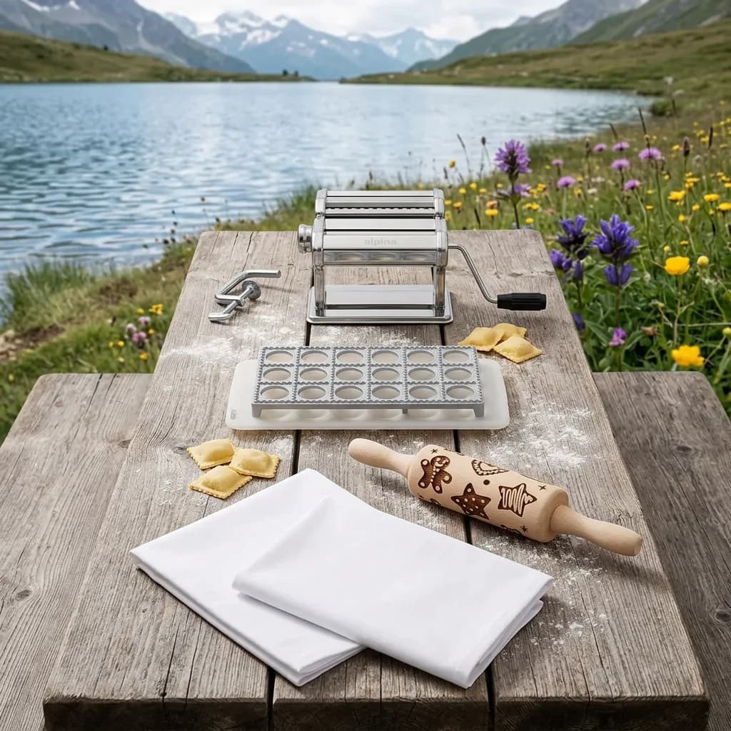 Pasta selber machen: Pastamaschine, Ravioliformer, Nudelholz und weisse Schürze auf Holztisch vor Bergsee.