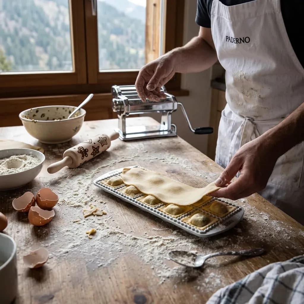 Pasta selber machen: Person in weisser Schürze legt Teig auf Ravioliformer, Pastamaschine und Nudelholz auf bemehltem Holztisch.