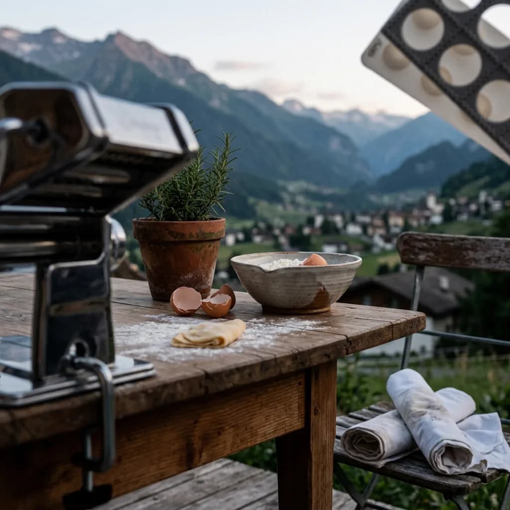 Pasta selber machen: Pastamaschine und Ravioliformer auf Holztisch mit Mehl, Eierschalen, Teig und Rosmarinpflanze vor Bergpanorama.