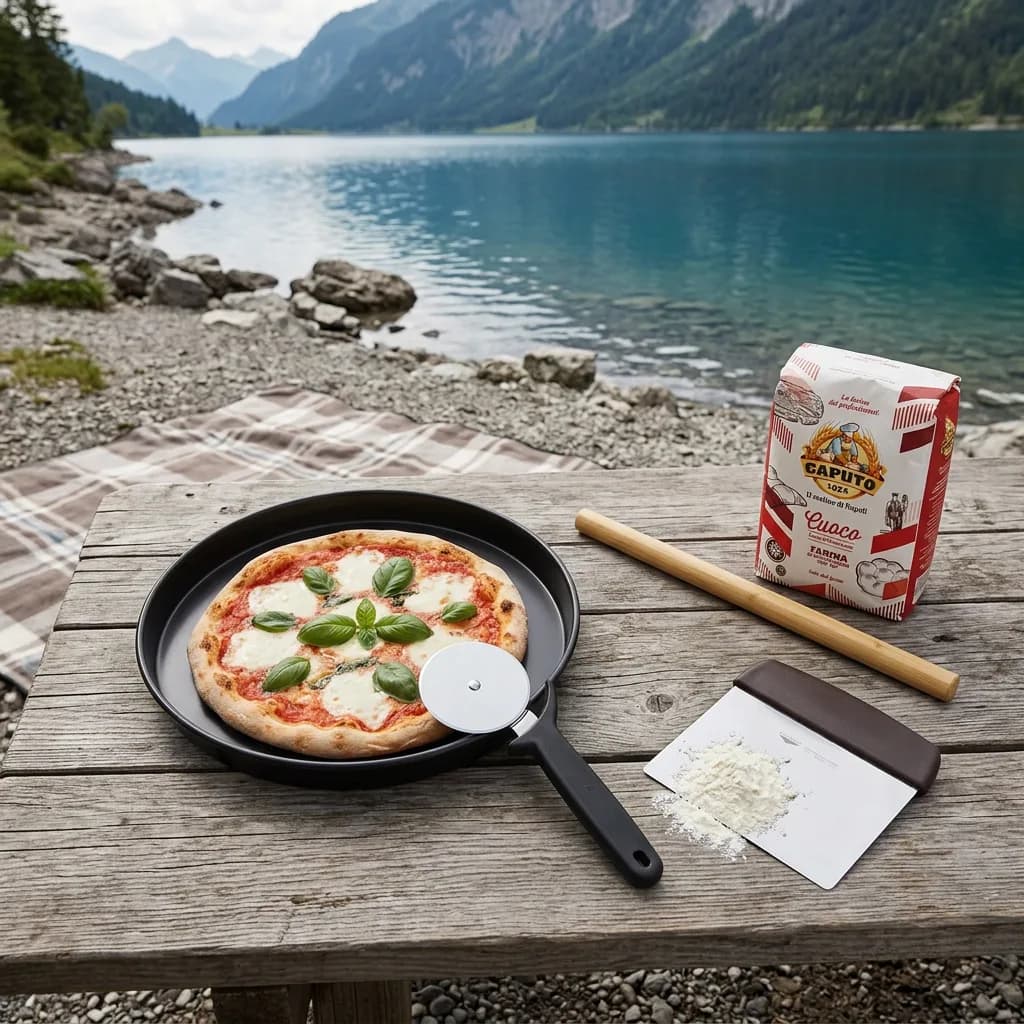 Pizza-Abend: Pizzablech mit Margherita und Pizzaschneider, Ausrollstab, Teigschaber und Mehlpackung auf Holztisch am Bergsee.