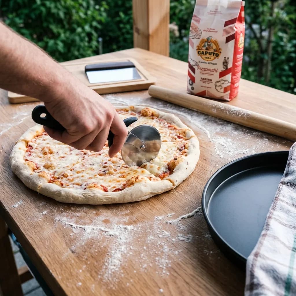 Pizza-Abend: Hand schneidet Pizza mit Pizzaschneider, daneben Pizzablech, Ausrollstab, Teigschaber und Pizzamehl auf bemehltem Holztisch.