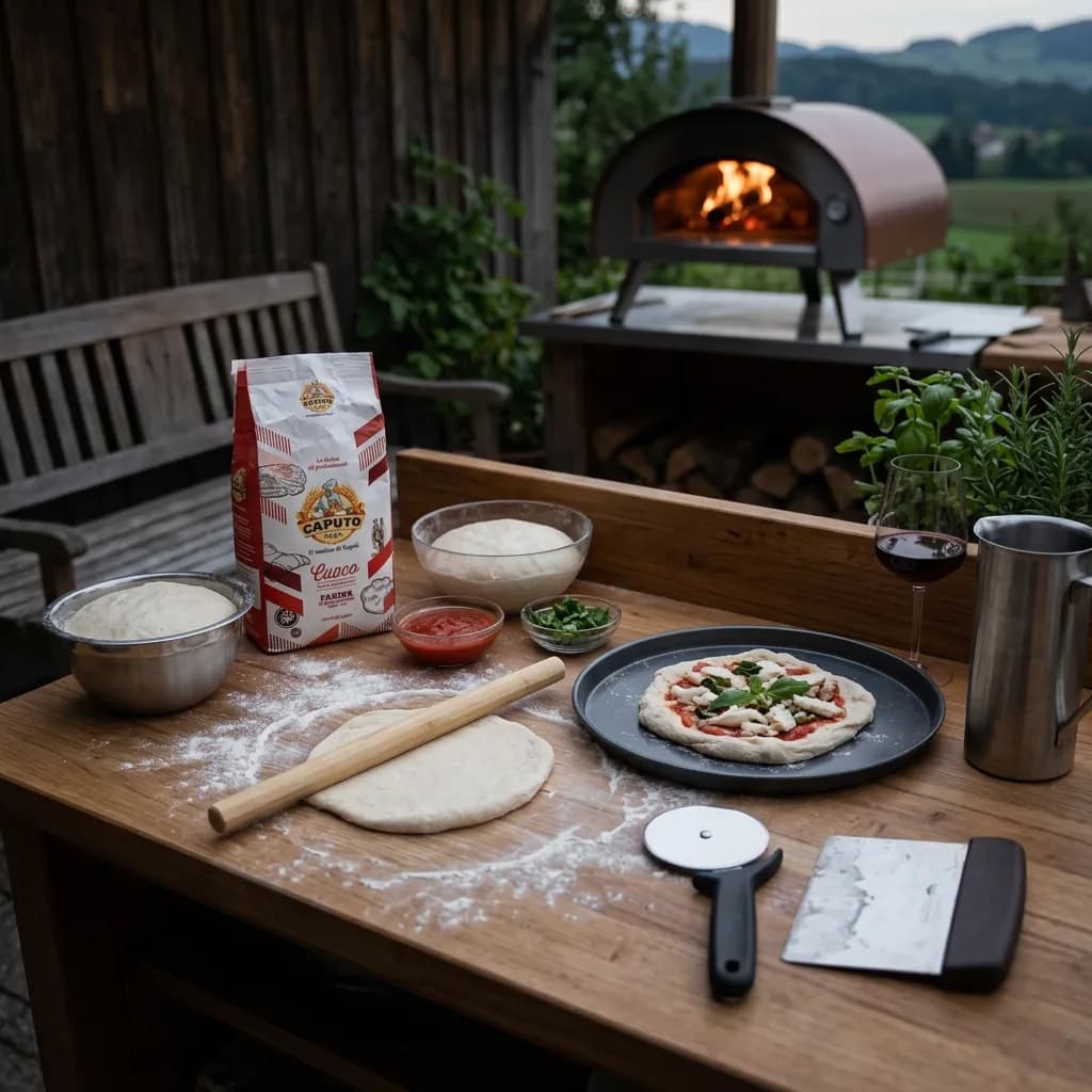 Pizza-Abend: Holztisch mit Pizzamehl, Ausrollstab, Teigschaber, Pizzaschneider, rundem Pizzablech mit belegtem Teig und Holzofen im Hintergrund.