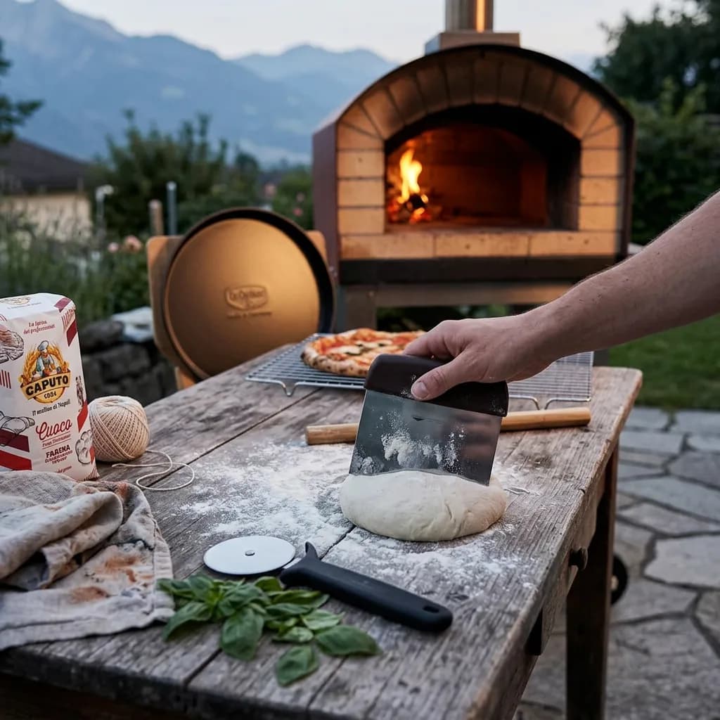 Pizza-Abend: Hand hält Teigschaber über Teigkugel auf bemehltem Holztisch mit Pizzamehl, Pizzaschneider, Ausrollstab, Pizzablech und Holzofen im Freien.