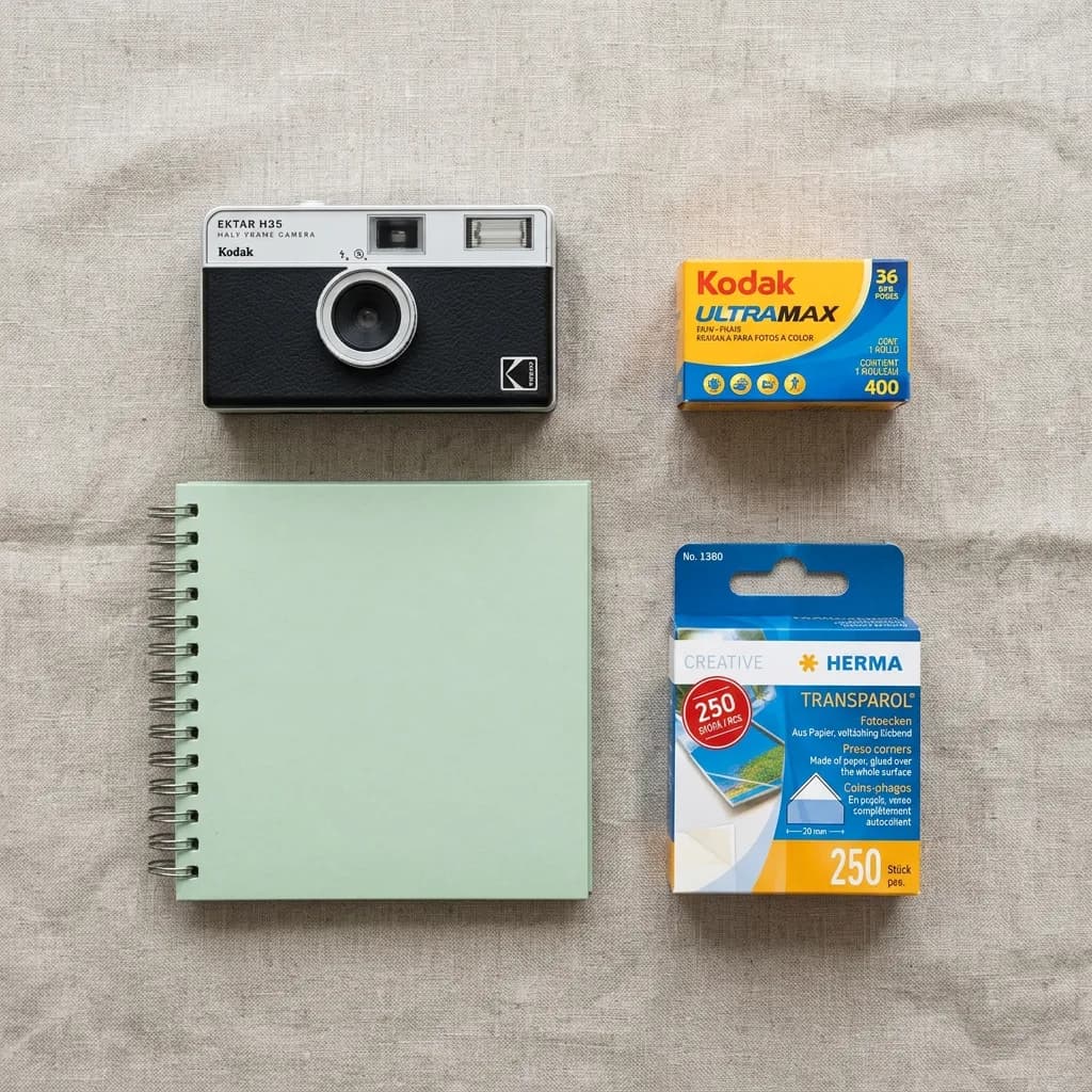 Analogfotografie: Analogkamera, Filmrolle 400 ASA/36 Aufnahmen, mintgrünes Fotoalbum und transparente Fotoecken auf hellem Leinenstoff.