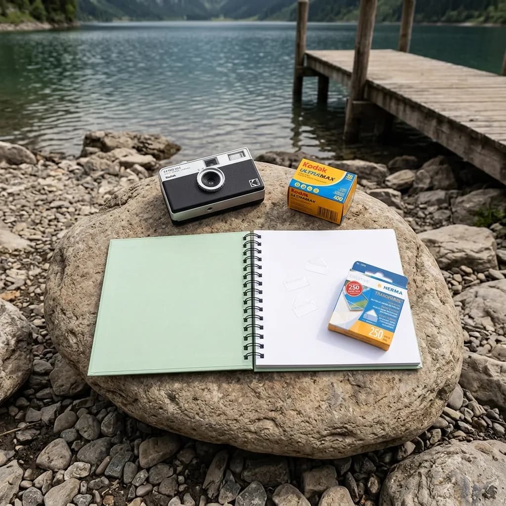 Analogfotografie: Analogkamera, Fotofilm, Fotoalbum und Fotoecken auf einem Stein an einem Bergsee mit Steg.