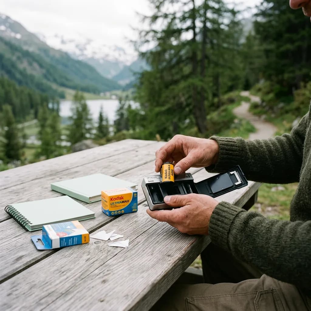 Analogfotografie: Hände laden einen Film in eine Analogkamera; daneben Filmrolle, Fotoecken, Fotoalbum auf Holztisch vor Bergpanorama.
