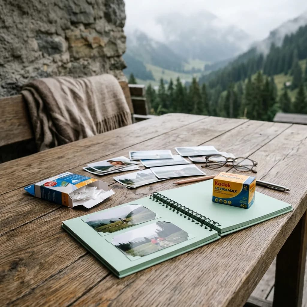 Analogfotografie: Fotoalbum, Filmrolle, Fotoecken-Schachtel, Fotos, Brille und Stift auf Holztisch mit Bergpanorama im Hintergrund.