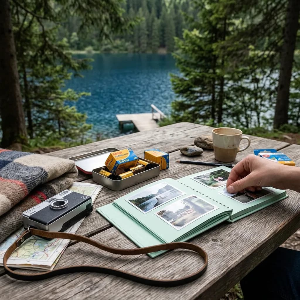 Analogfotografie: Analogkamera, Filmrollen, Fotoalbum mit Fotos und Fotoecken auf Holztisch am See, Hand klebt Foto ein.
