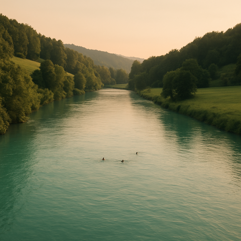 Türkiser Schweizer Fluss schlängelt sich durch grüne Sommerlandschaft